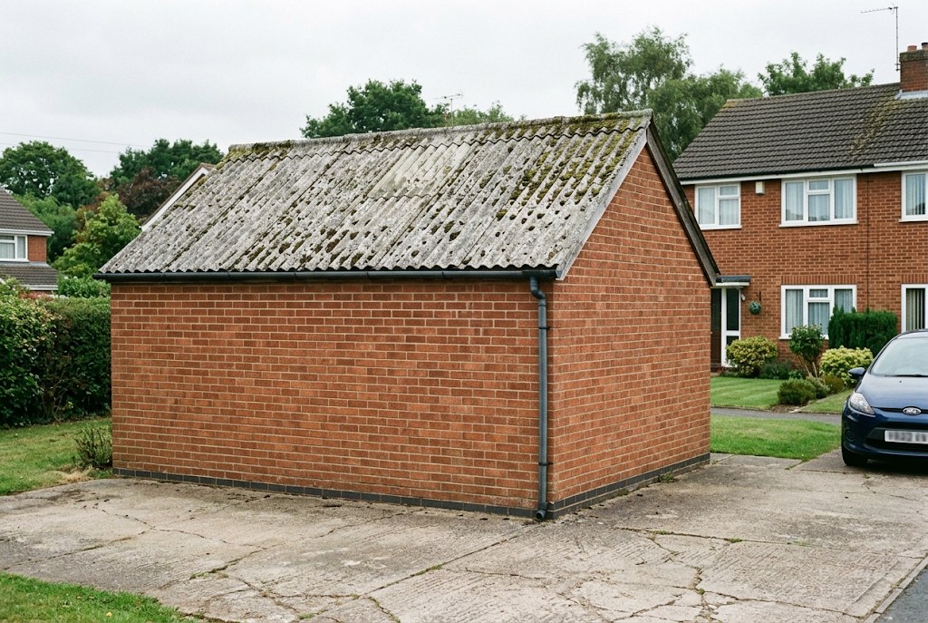 Old garage with a mossy asbestos cement roof