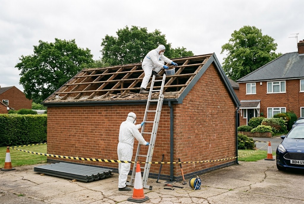Operatives lowering an asbestos cement sheet from a garage roof