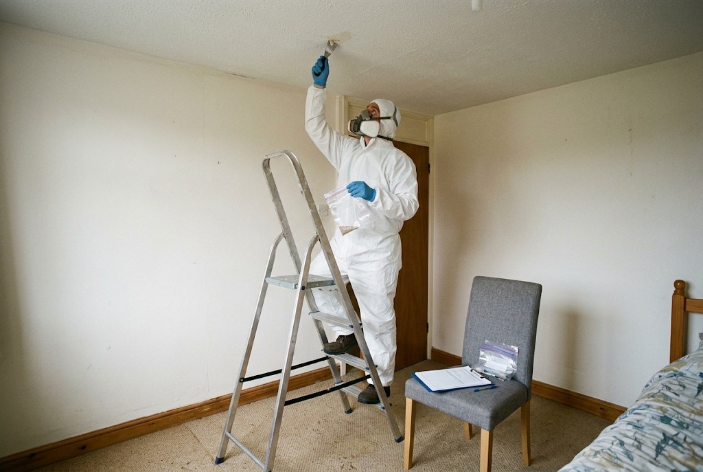 Surveyor in protective clothing taking an asbestos sample in Coventry