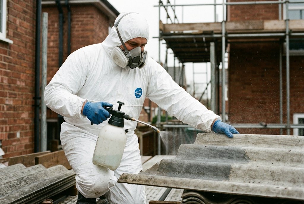 Operative wetting an old asbestos cement roof with a hand sprayer before removal
